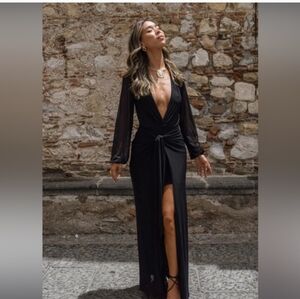 12th Tribe Black Mesh Wrap Maxi Dress with Long Sleeves